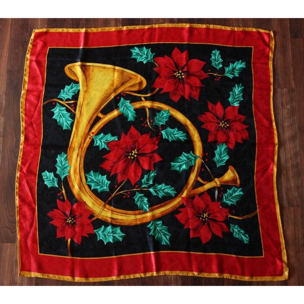 Vintage Womens French horn Poinsettia square scarf 34X35